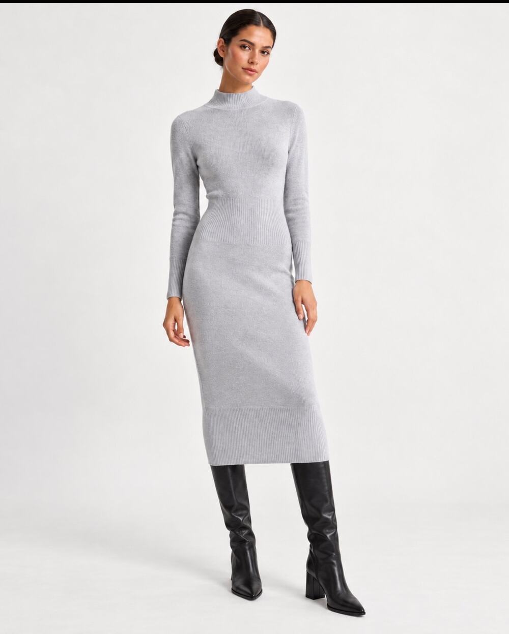 REISS Mara Grey Knitted Funnel Neck Midi Dress Wool Cashmere Blend NWT M
